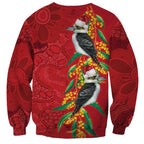 Aussie Kokaburra Golden Wattle Christmas Sweatshirt Aboriginal Dots Painting Red Motif - Aussie Hoodie