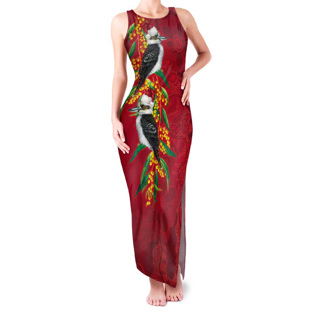 Aussie Kokaburra Golden Wattle Christmas Tank Maxi Dress Aboriginal Dots Painting Red Motif - Aussie Hoodie