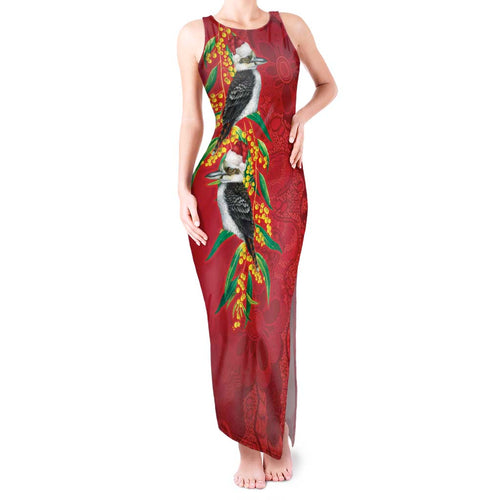 Aussie Kokaburra Golden Wattle Christmas Tank Maxi Dress Aboriginal Dots Painting Red Motif - Aussie Hoodie