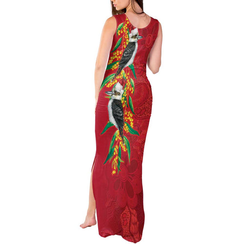 Aussie Kokaburra Golden Wattle Christmas Tank Maxi Dress Aboriginal Dots Painting Red Motif - Aussie Hoodie