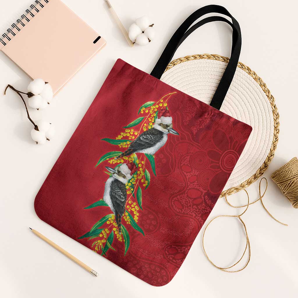 Aussie Kokaburra Golden Wattle Christmas Tote Bag Aboriginal Dots Painting Red Motif - Aussie Hoodie