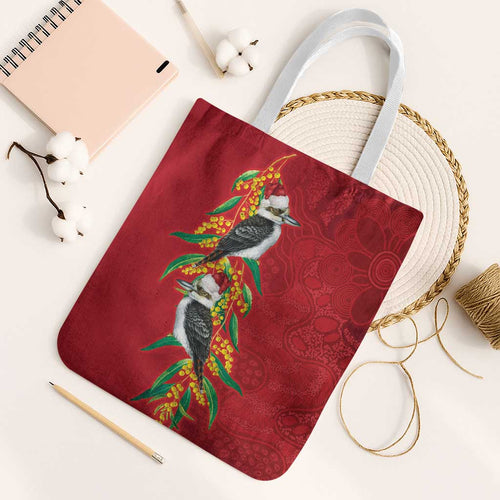 Aussie Kokaburra Golden Wattle Christmas Tote Bag Aboriginal Dots Painting Red Motif - Aussie Hoodie