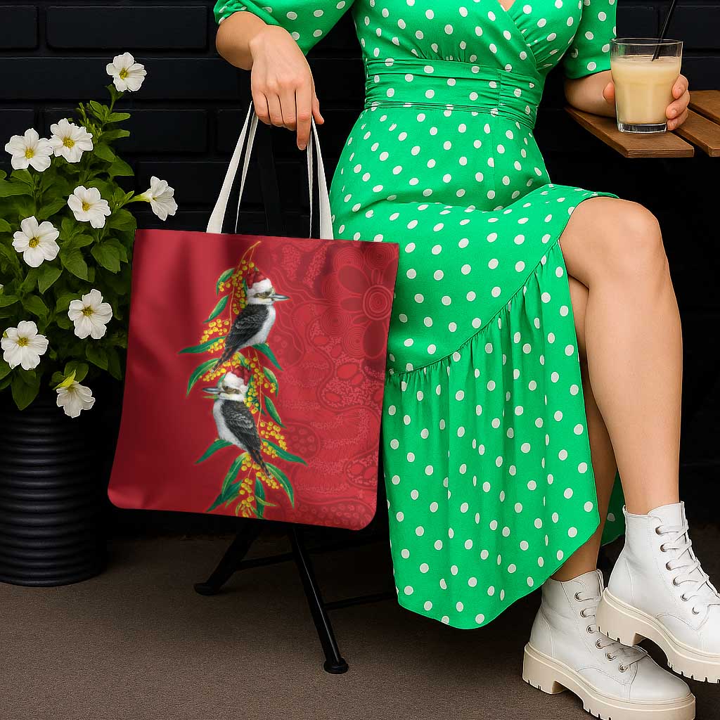 Aussie Kokaburra Golden Wattle Christmas Tote Bag Aboriginal Dots Painting Red Motif - Aussie Hoodie