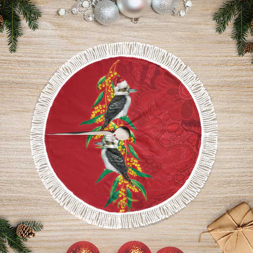 Aussie Kokaburra Golden Wattle Christmas Tree Skirt Aboriginal Dots Painting Red Motif - Aussie Hoodie