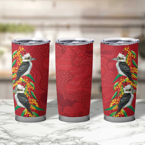 Aussie Kokaburra Golden Wattle Christmas Tumbler Cup Aboriginal Dots Painting Red Motif - Aussie Hoodie