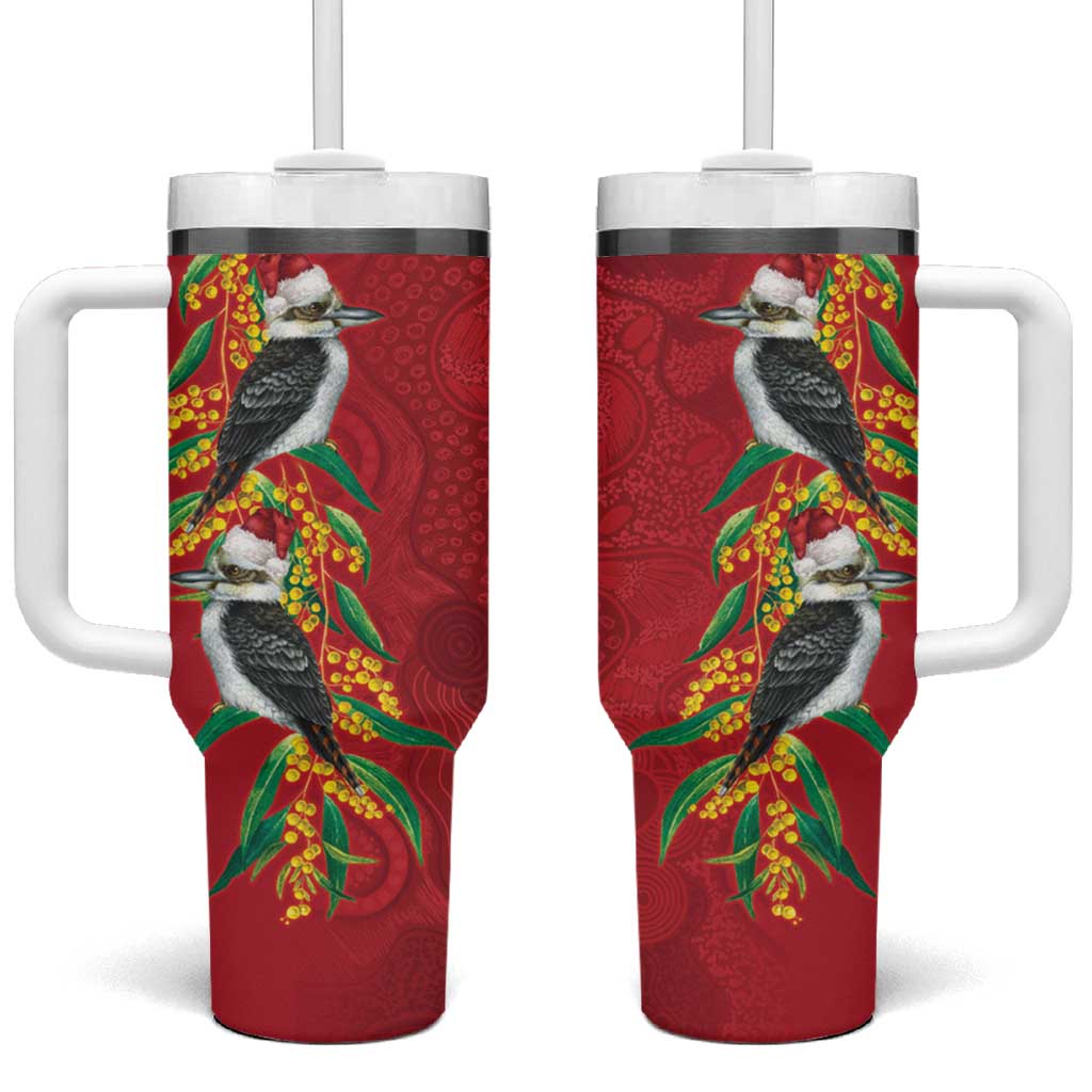 Aussie Kokaburra Golden Wattle Christmas Tumbler With Handle Aboriginal Dots Painting Red Motif - Aussie Hoodie