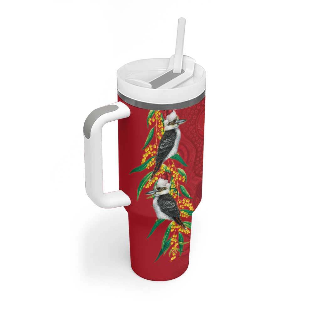 Aussie Kokaburra Golden Wattle Christmas Tumbler With Handle Aboriginal Dots Painting Red Motif - Aussie Hoodie