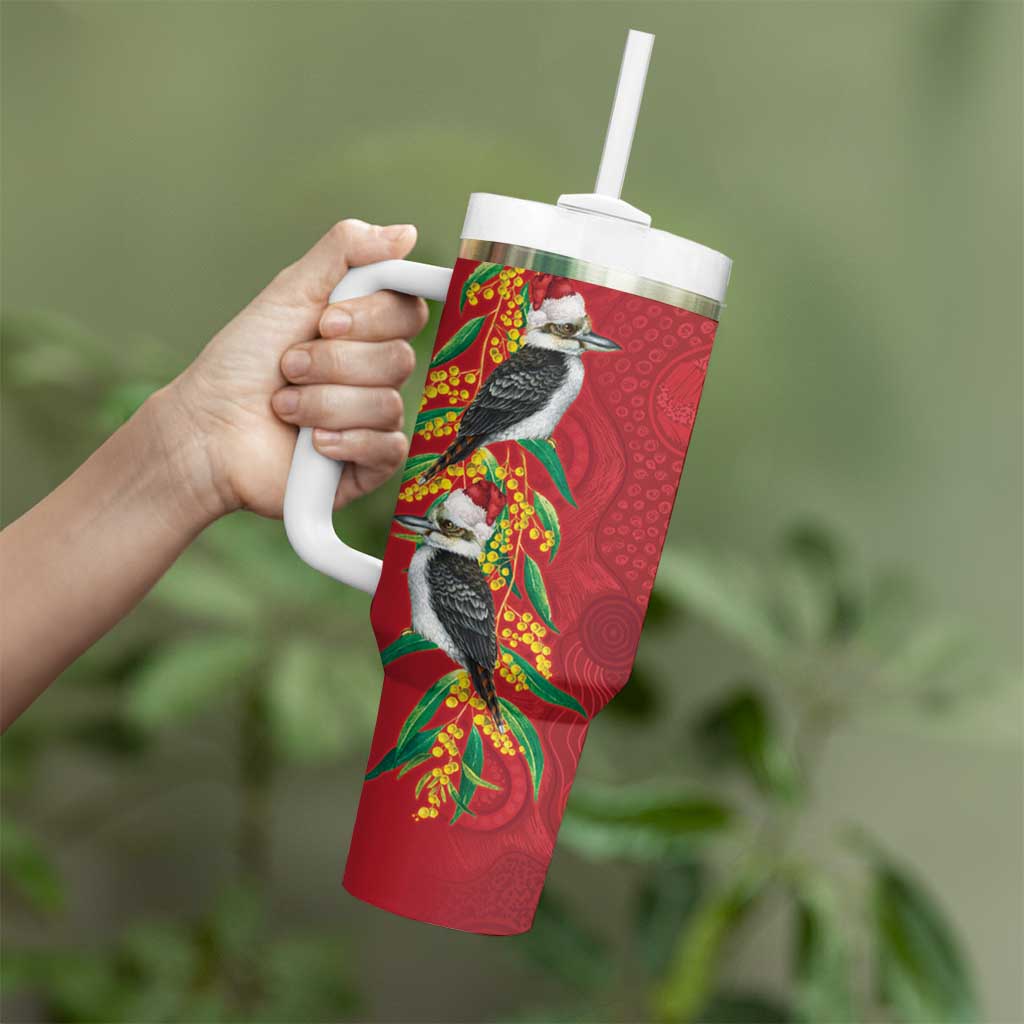 Aussie Kokaburra Golden Wattle Christmas Tumbler With Handle Aboriginal Dots Painting Red Motif - Aussie Hoodie
