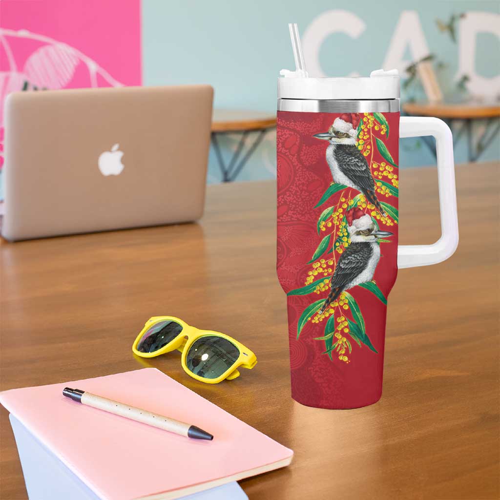 Aussie Kokaburra Golden Wattle Christmas Tumbler With Handle Aboriginal Dots Painting Red Motif - Aussie Hoodie