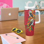 Aussie Kokaburra Golden Wattle Christmas Tumbler With Handle Aboriginal Dots Painting Red Motif - Aussie Hoodie