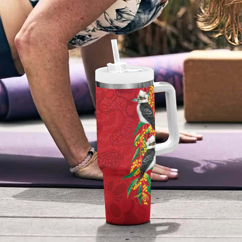 Aussie Kokaburra Golden Wattle Christmas Tumbler With Handle Aboriginal Dots Painting Red Motif - Aussie Hoodie