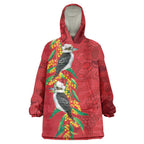 Aussie Kokaburra Golden Wattle Christmas Wearable Blanket Hoodie Aboriginal Dots Painting Red Motif - Aussie Hoodie