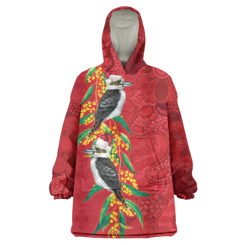 Aussie Kokaburra Golden Wattle Christmas Wearable Blanket Hoodie Aboriginal Dots Painting Red Motif - Aussie Hoodie