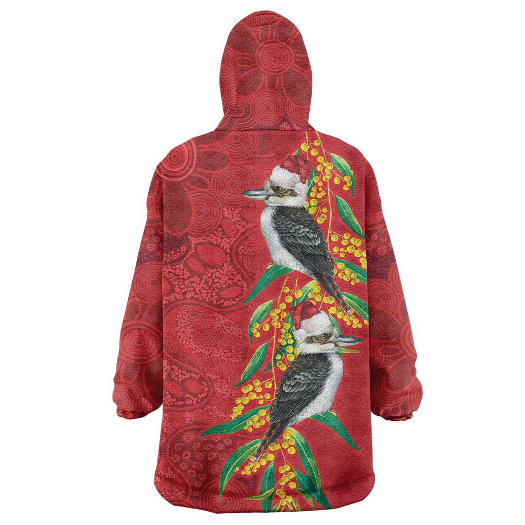 Aussie Kokaburra Golden Wattle Christmas Wearable Blanket Hoodie Aboriginal Dots Painting Red Motif - Aussie Hoodie