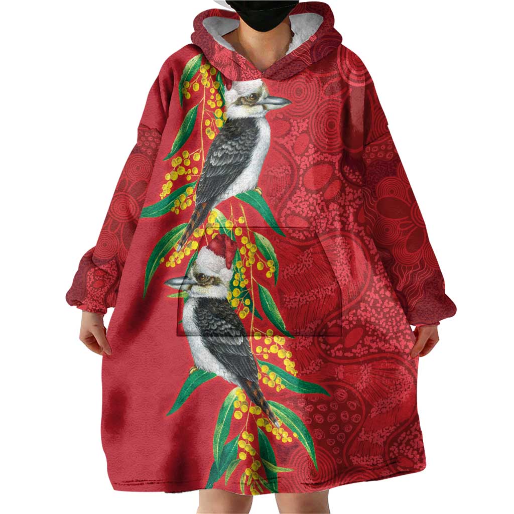 Aussie Kokaburra Golden Wattle Christmas Wearable Blanket Hoodie Aboriginal Dots Painting Red Motif - Aussie Hoodie