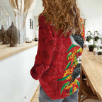Aussie Kokaburra Golden Wattle Christmas Women Casual Shirt Aboriginal Dots Painting Red Motif - Aussie Hoodie