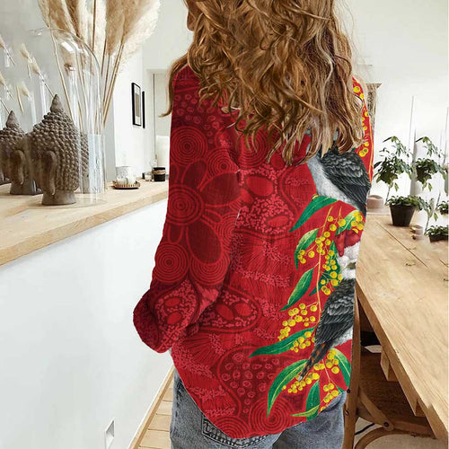Aussie Kokaburra Golden Wattle Christmas Women Casual Shirt Aboriginal Dots Painting Red Motif - Aussie Hoodie