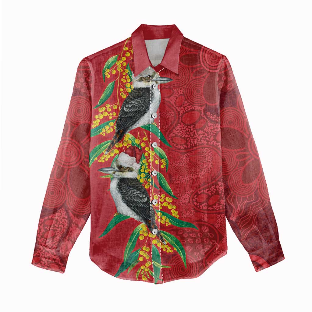 Aussie Kokaburra Golden Wattle Christmas Women Casual Shirt Aboriginal Dots Painting Red Motif - Aussie Hoodie
