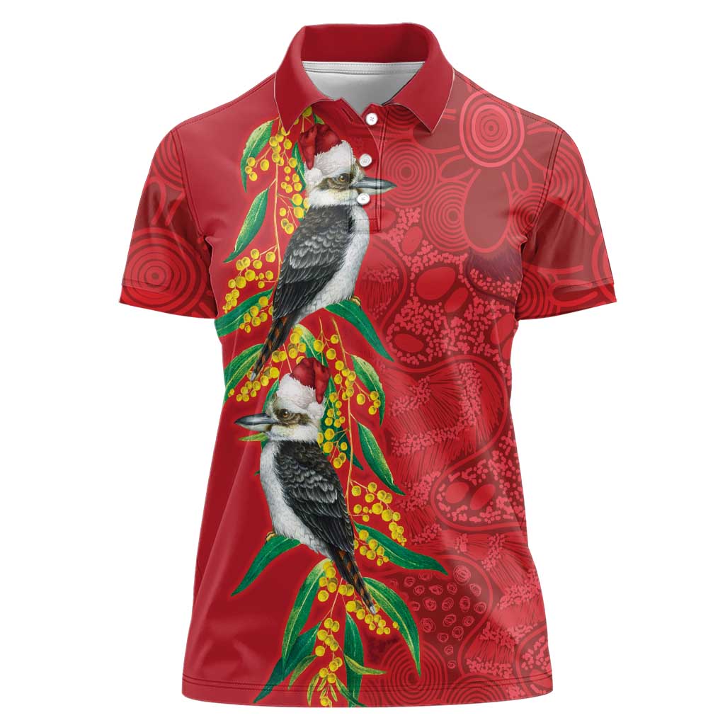 Aussie Kokaburra Golden Wattle Christmas Women Polo Shirt Aboriginal Dots Painting Red Motif - Aussie Hoodie
