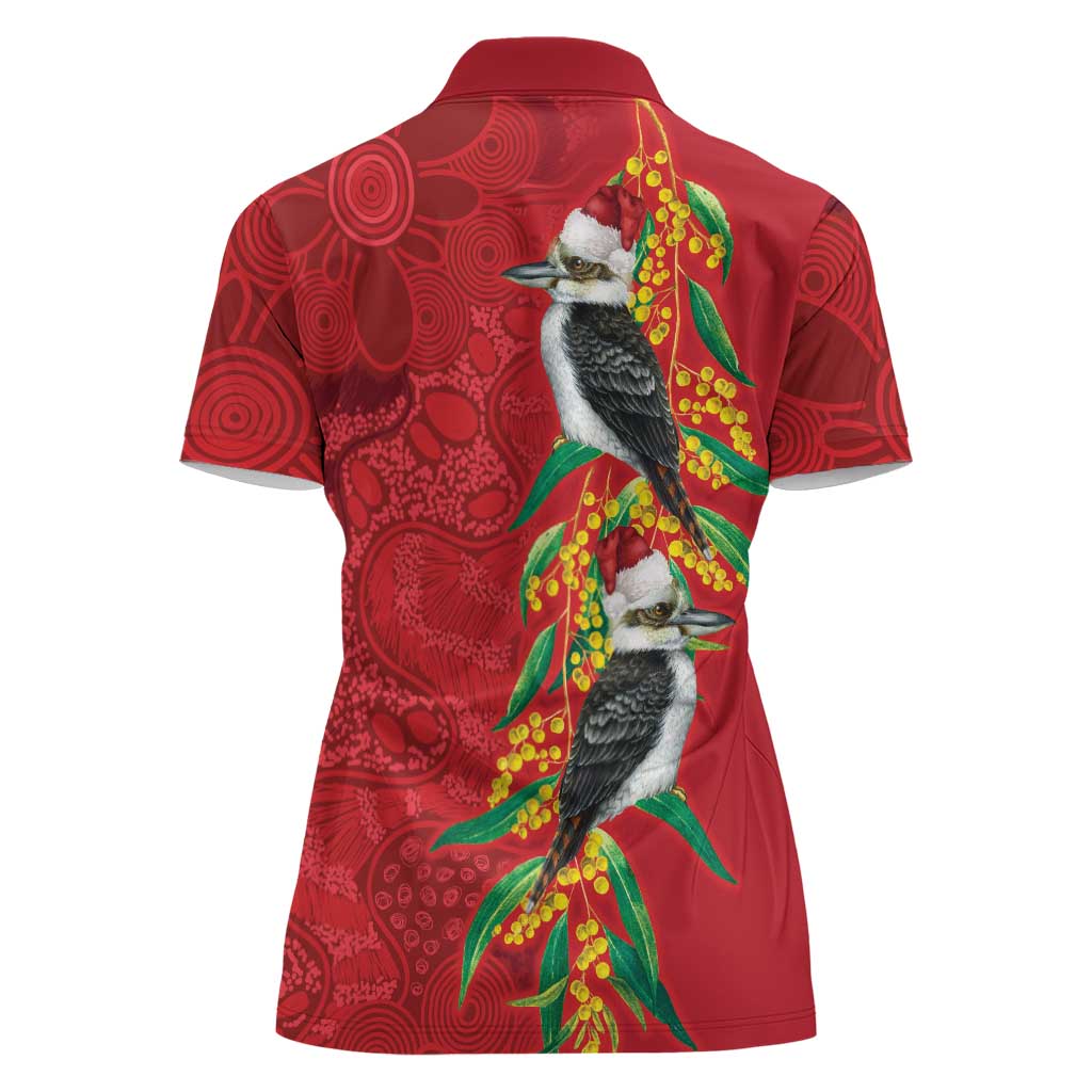 Aussie Kokaburra Golden Wattle Christmas Women Polo Shirt Aboriginal Dots Painting Red Motif - Aussie Hoodie
