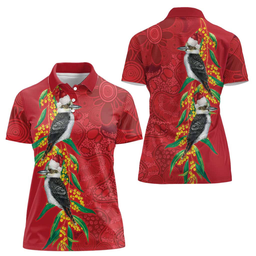 Aussie Kokaburra Golden Wattle Christmas Women Polo Shirt Aboriginal Dots Painting Red Motif - Aussie Hoodie