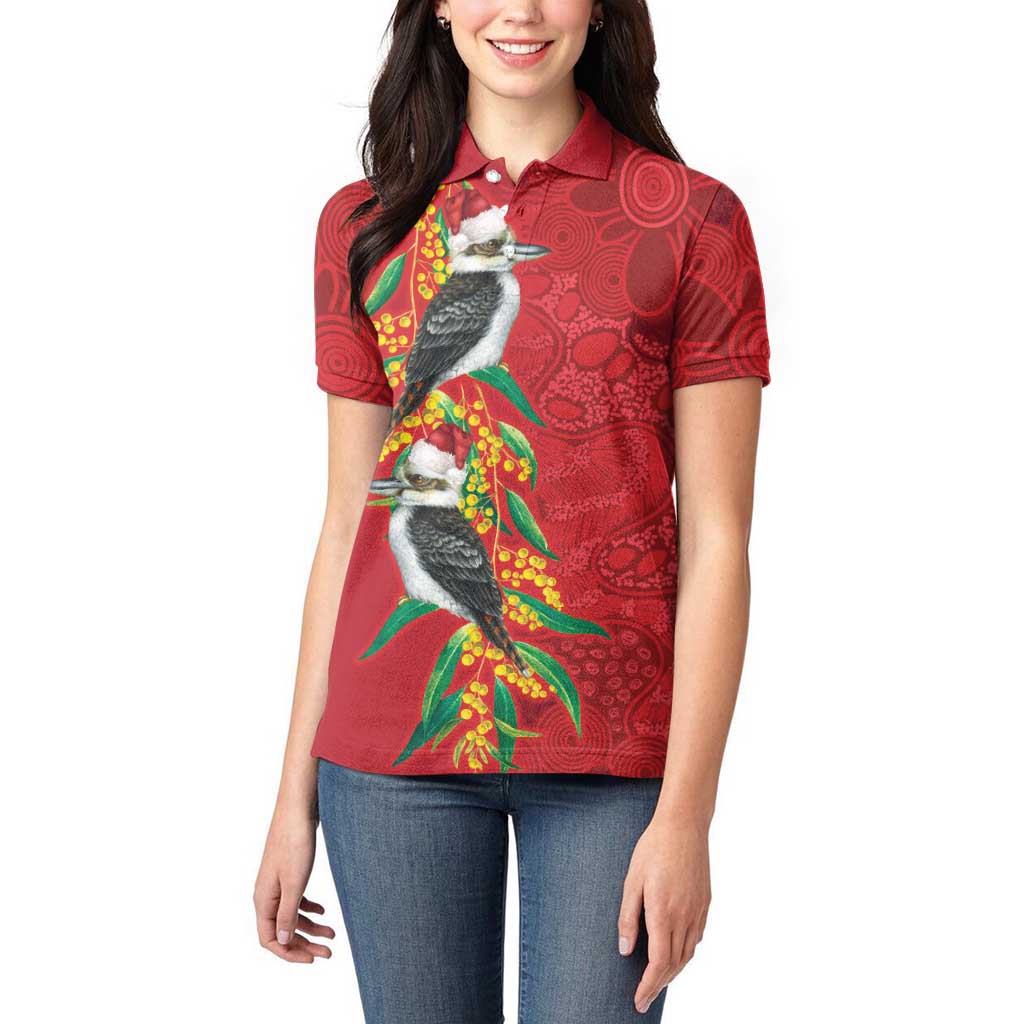 Aussie Kokaburra Golden Wattle Christmas Women Polo Shirt Aboriginal Dots Painting Red Motif - Aussie Hoodie