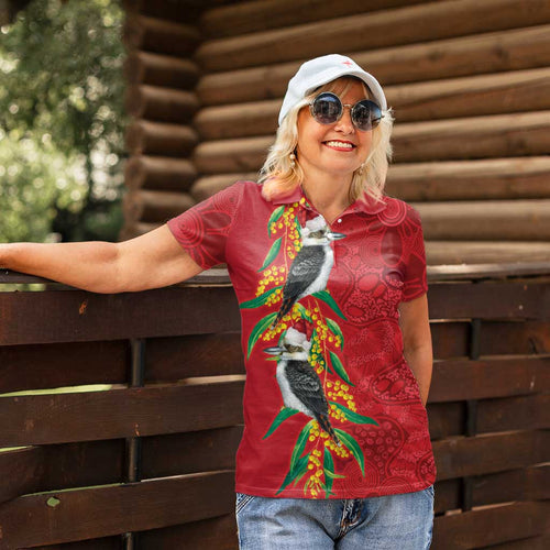 Aussie Kokaburra Golden Wattle Christmas Women Polo Shirt Aboriginal Dots Painting Red Motif - Aussie Hoodie
