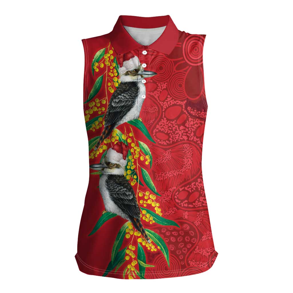 Aussie Kokaburra Golden Wattle Christmas Women Sleeveless Polo Shirt Aboriginal Dots Painting Red Motif - Aussie Hoodie