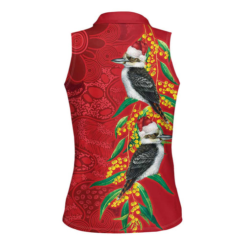 Aussie Kokaburra Golden Wattle Christmas Women Sleeveless Polo Shirt Aboriginal Dots Painting Red Motif - Aussie Hoodie