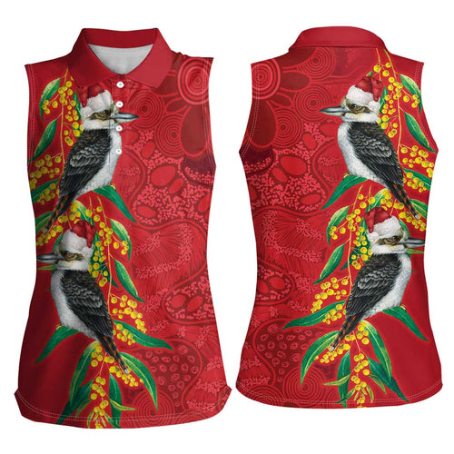 Aussie Kokaburra Golden Wattle Christmas Women Sleeveless Polo Shirt Aboriginal Dots Painting Red Motif - Aussie Hoodie