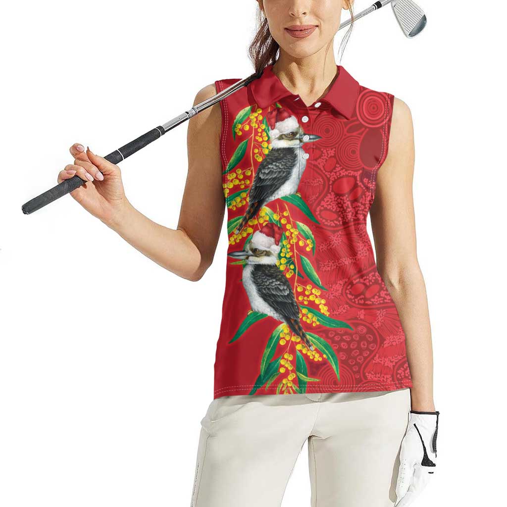 Aussie Kokaburra Golden Wattle Christmas Women Sleeveless Polo Shirt Aboriginal Dots Painting Red Motif - Aussie Hoodie