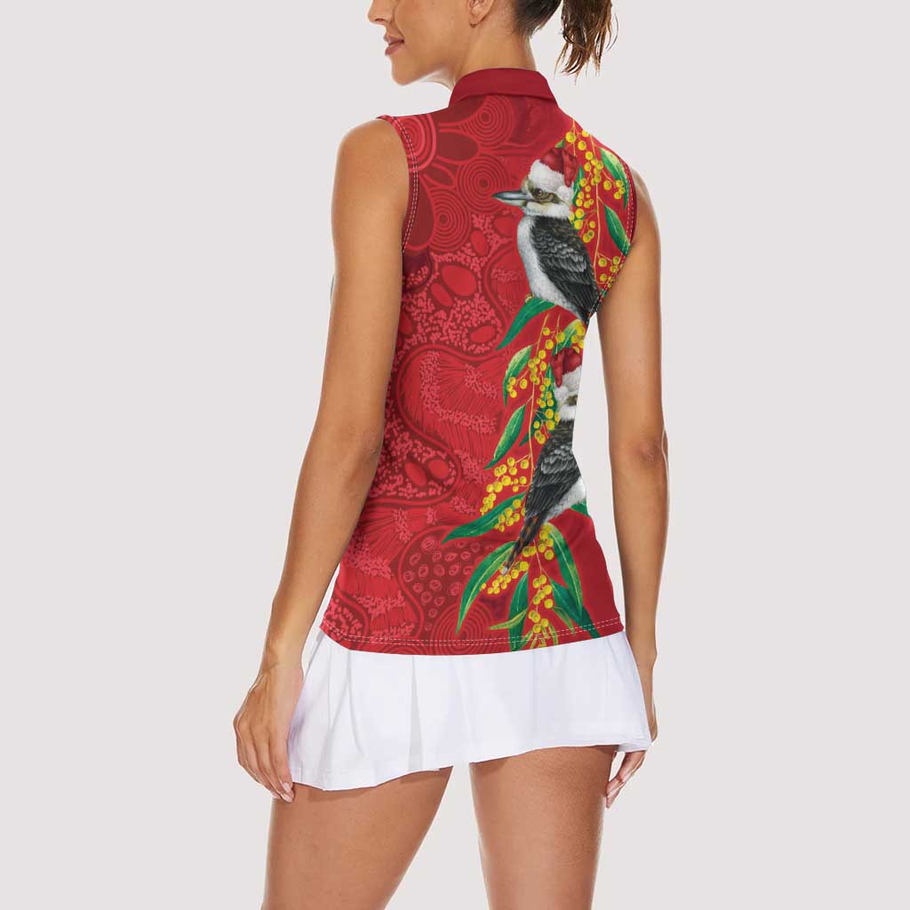 Aussie Kokaburra Golden Wattle Christmas Women Sleeveless Polo Shirt Aboriginal Dots Painting Red Motif - Aussie Hoodie