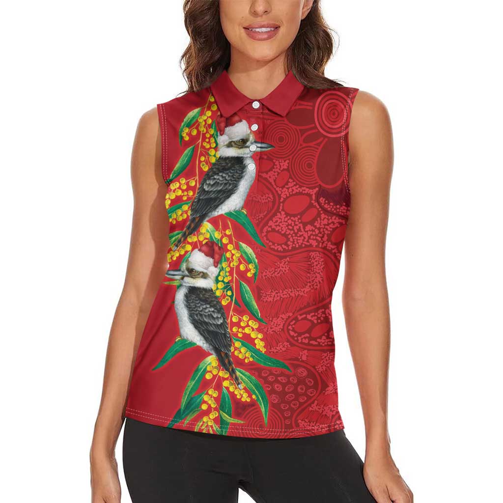 Aussie Kokaburra Golden Wattle Christmas Women Sleeveless Polo Shirt Aboriginal Dots Painting Red Motif - Aussie Hoodie