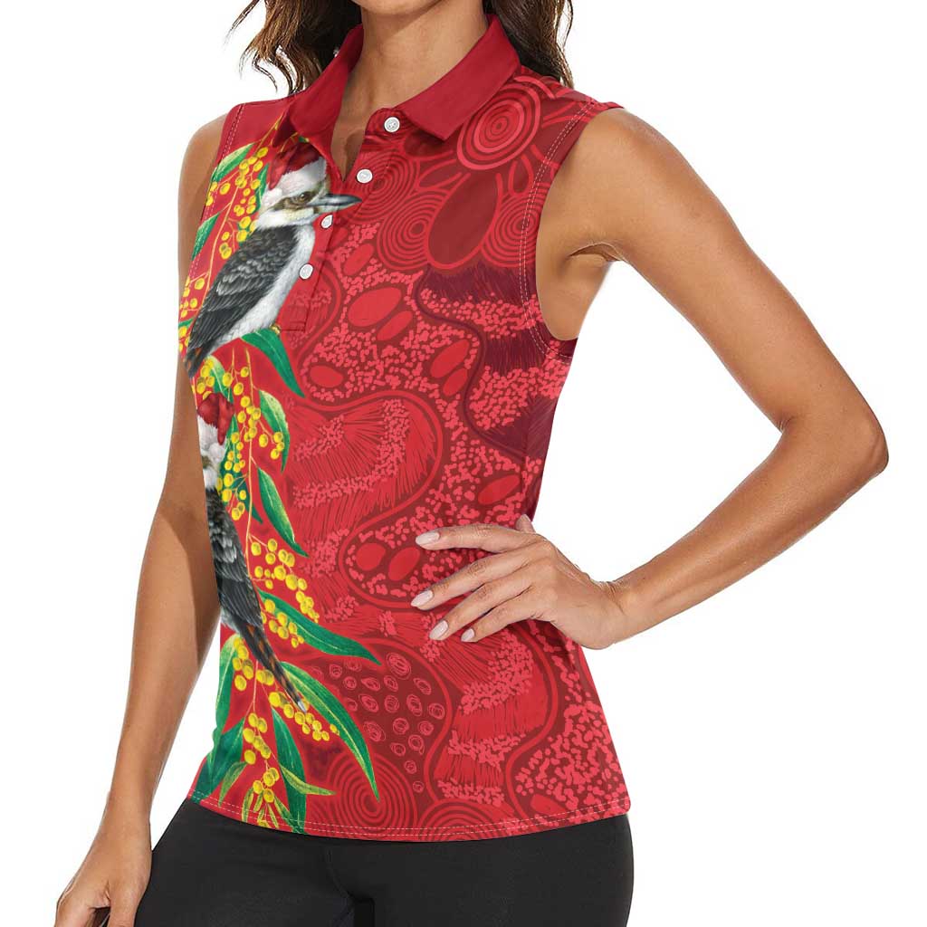 Aussie Kokaburra Golden Wattle Christmas Women Sleeveless Polo Shirt Aboriginal Dots Painting Red Motif - Aussie Hoodie