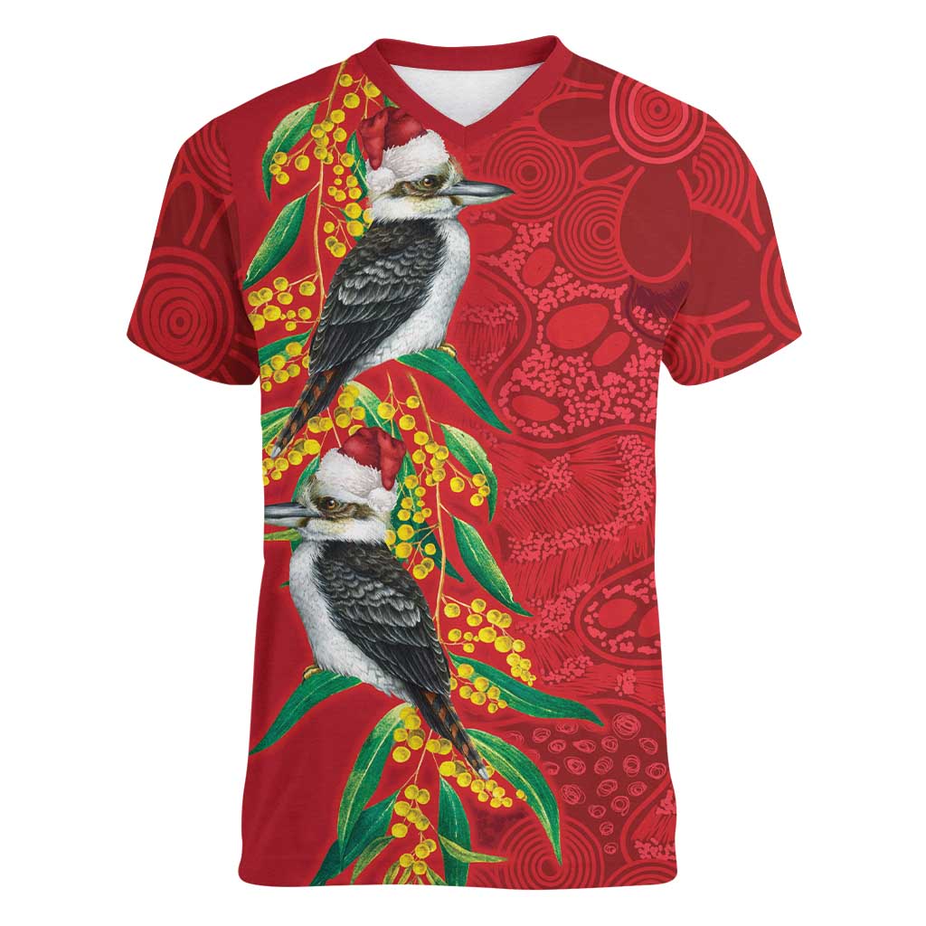 Aussie Kokaburra Golden Wattle Christmas Women V-Neck T-Shirt Aboriginal Dots Painting Red Motif - Aussie Hoodie