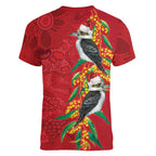 Aussie Kokaburra Golden Wattle Christmas Women V-Neck T-Shirt Aboriginal Dots Painting Red Motif - Aussie Hoodie