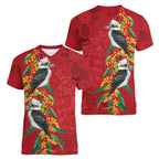 Aussie Kokaburra Golden Wattle Christmas Women V-Neck T-Shirt Aboriginal Dots Painting Red Motif - Aussie Hoodie