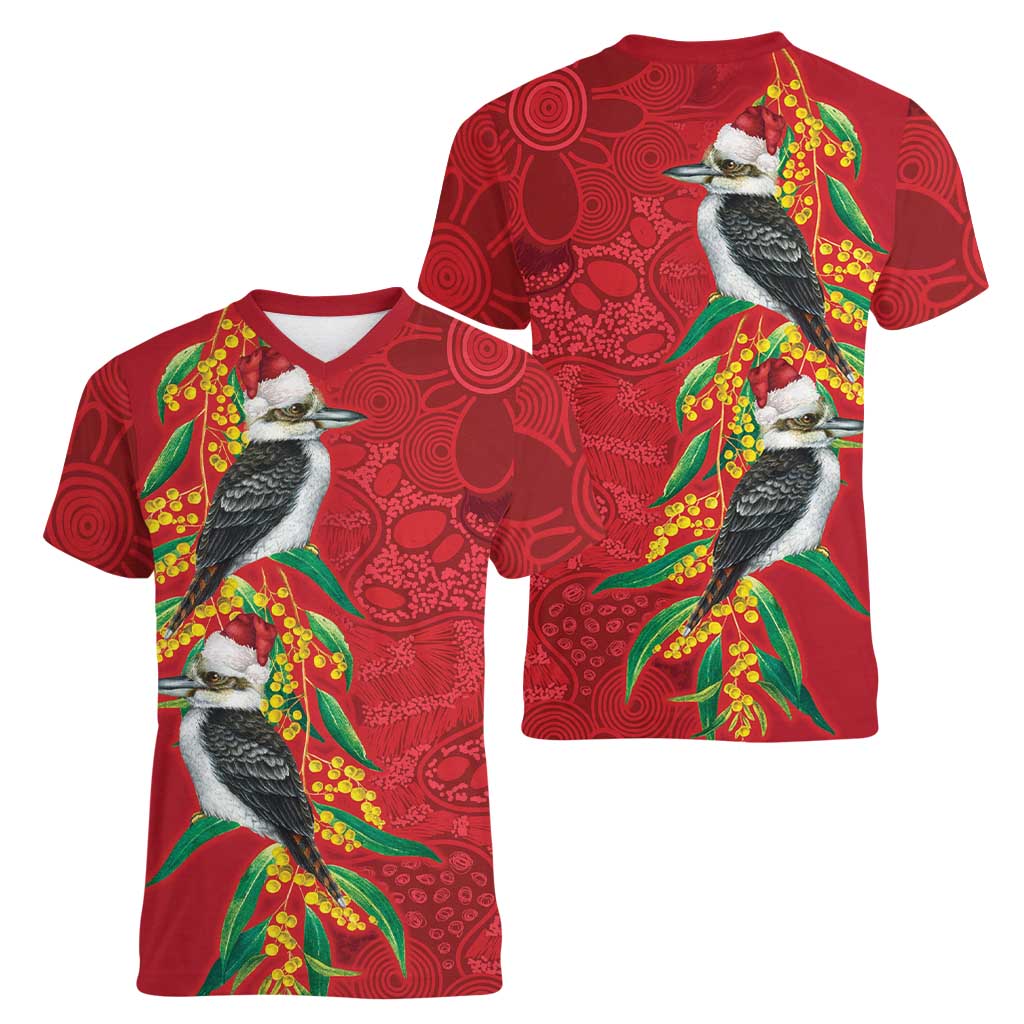 Aussie Kokaburra Golden Wattle Christmas Women V-Neck T-Shirt Aboriginal Dots Painting Red Motif - Aussie Hoodie