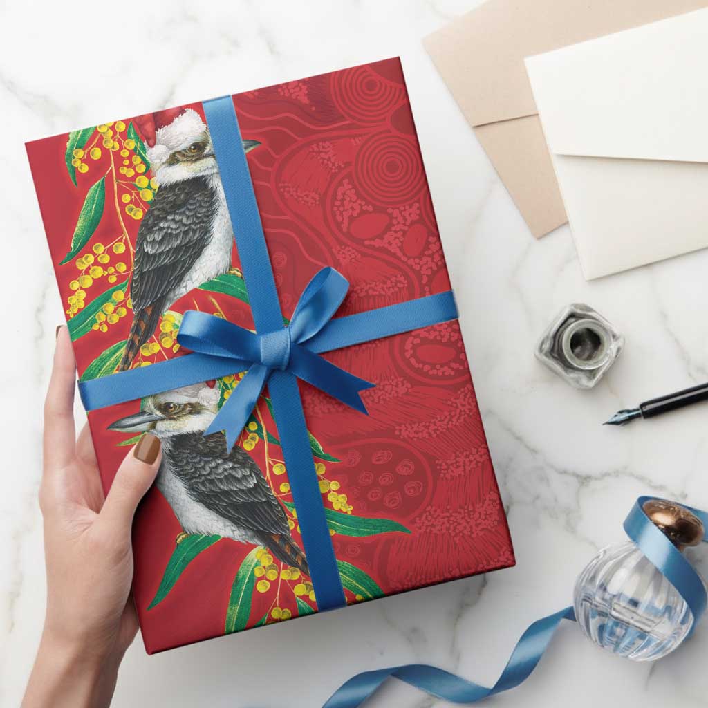 Aussie Kokaburra Golden Wattle Christmas Wrapping Paper Aboriginal Dots Painting Red Motif - Aussie Hoodie