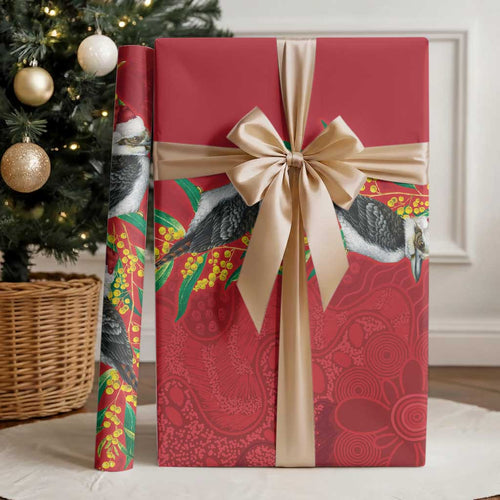 Aussie Kokaburra Golden Wattle Christmas Wrapping Paper Aboriginal Dots Painting Red Motif - Aussie Hoodie