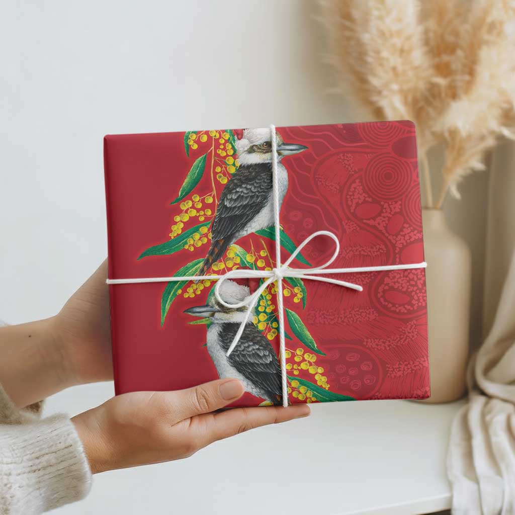 Aussie Kokaburra Golden Wattle Christmas Wrapping Paper Aboriginal Dots Painting Red Motif - Aussie Hoodie