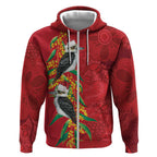 Aussie Kokaburra Golden Wattle Christmas Zip Hoodie Aboriginal Dots Painting Red Motif - Aussie Hoodie