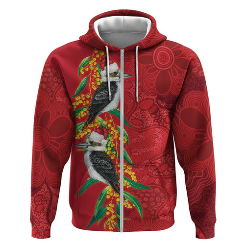 Aussie Kokaburra Golden Wattle Christmas Zip Hoodie Aboriginal Dots Painting Red Motif - Aussie Hoodie