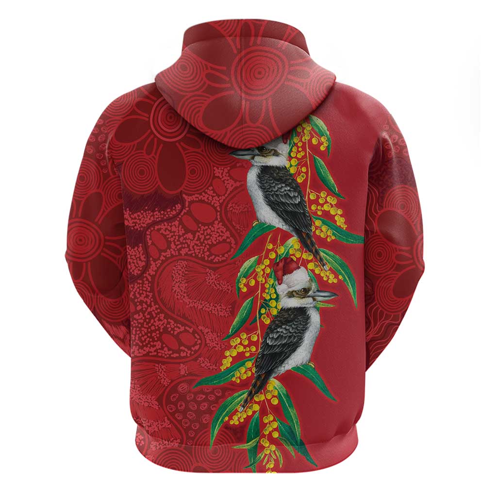 Aussie Kokaburra Golden Wattle Christmas Zip Hoodie Aboriginal Dots Painting Red Motif - Aussie Hoodie