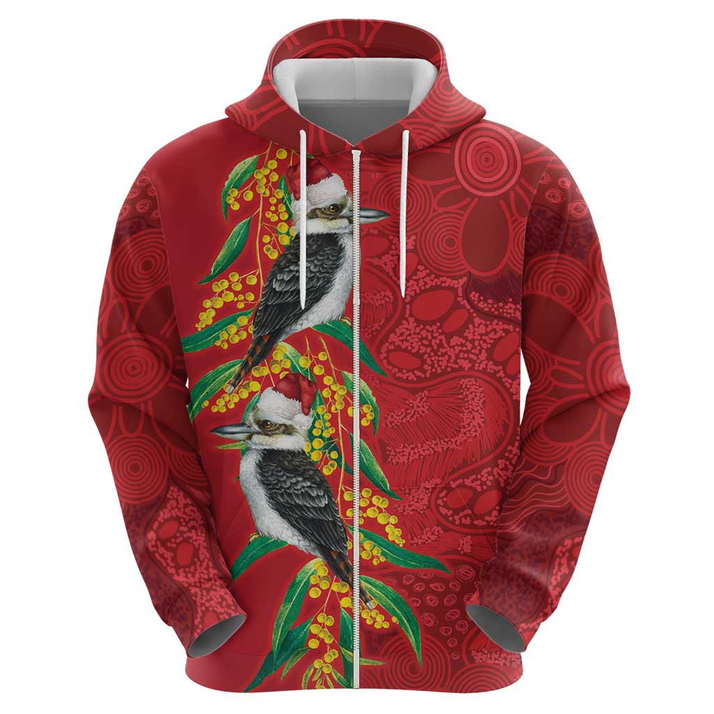 Aussie Kokaburra Golden Wattle Christmas Zip Hoodie Aboriginal Dots Painting Red Motif - Aussie Hoodie