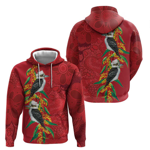 Aussie Kokaburra Golden Wattle Christmas Zip Hoodie Aboriginal Dots Painting Red Motif - Aussie Hoodie