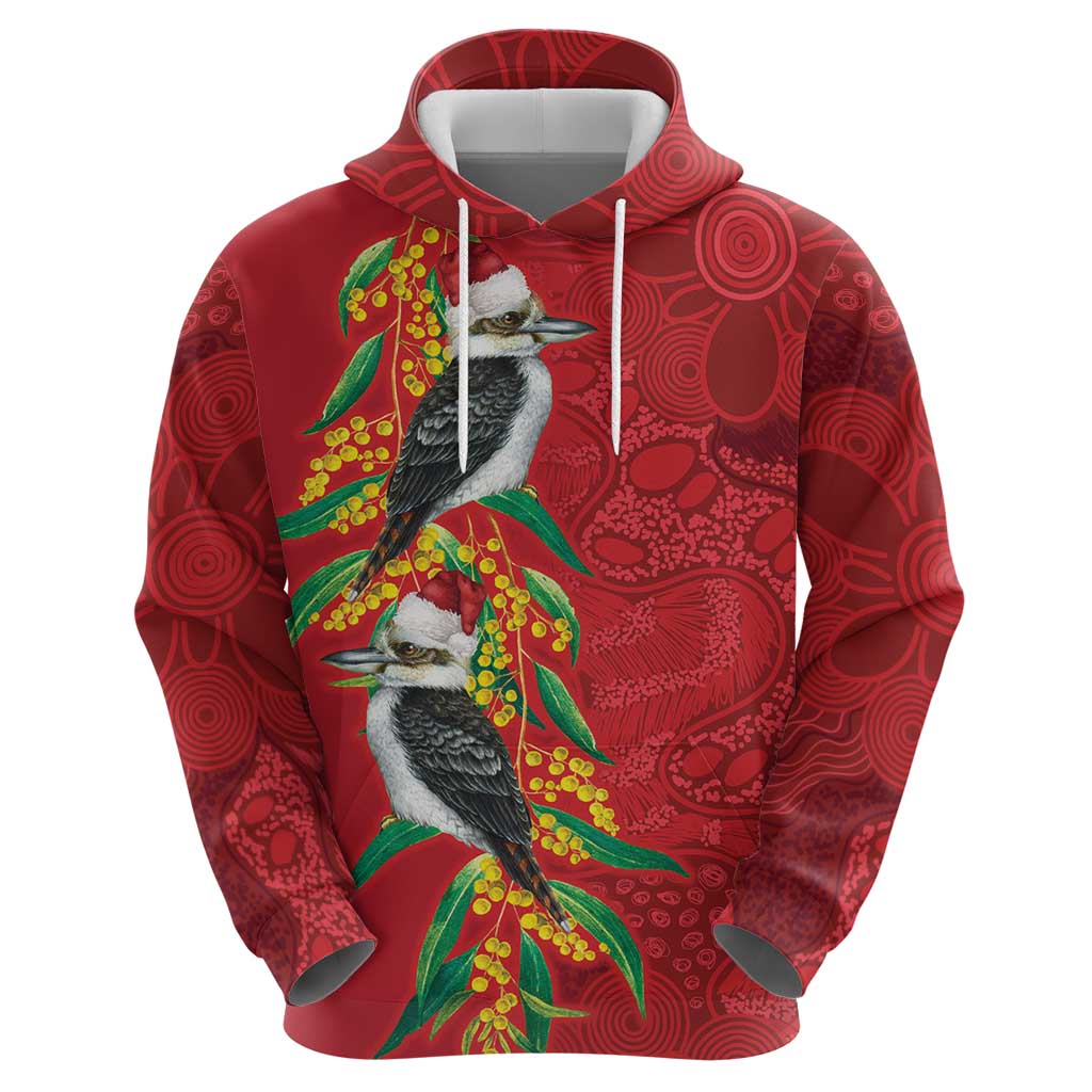 Aussie Kokaburra Golden Wattle Christmas Zip Hoodie Aboriginal Dots Painting Red Motif - Aussie Hoodie