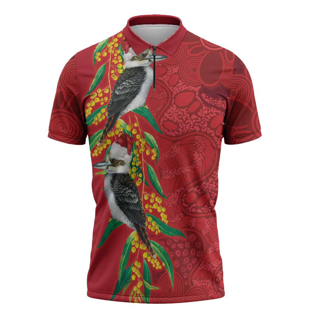 Aussie Kokaburra Golden Wattle Christmas Zipper Polo Shirt Aboriginal Dots Painting Red Motif - Aussie Hoodie