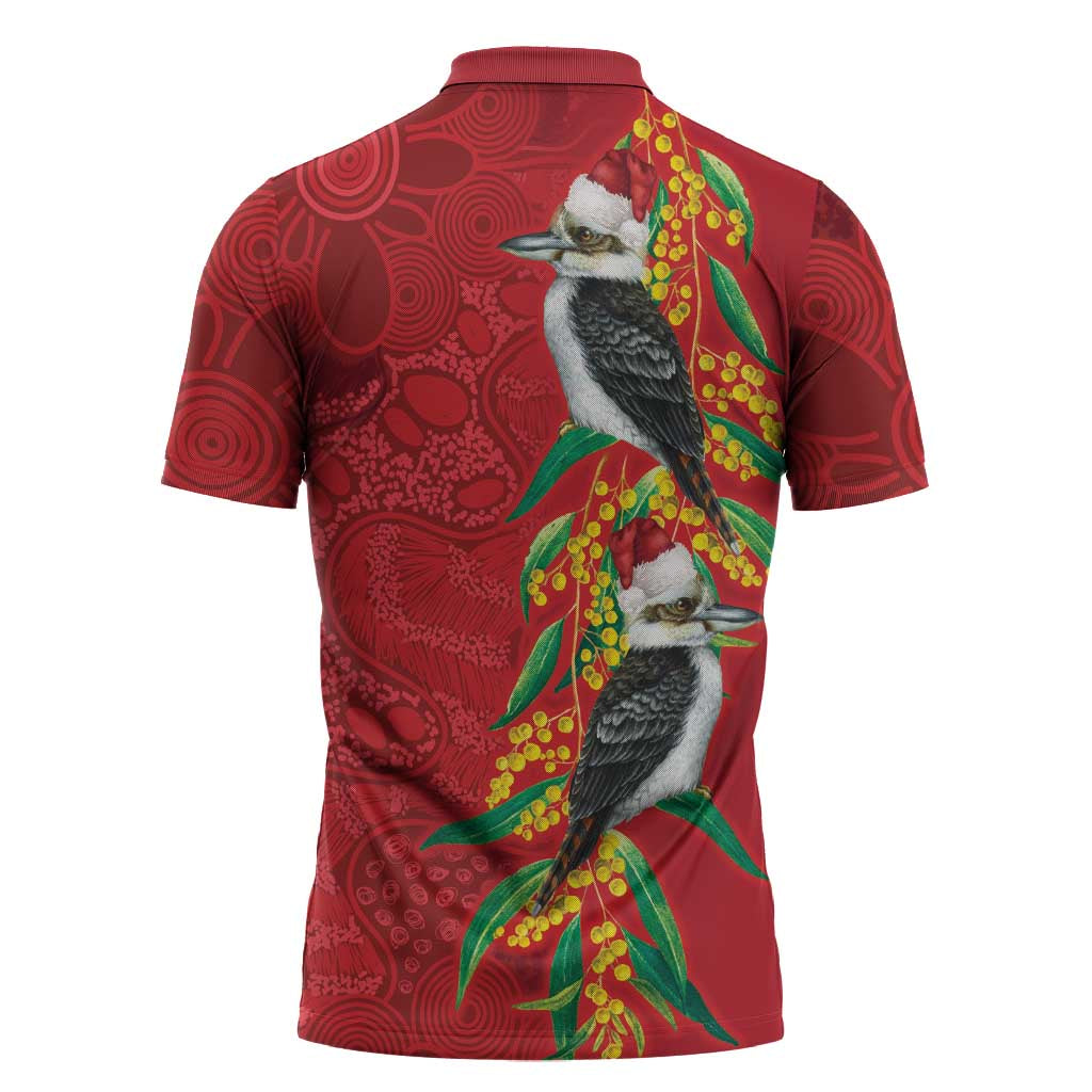 Aussie Kokaburra Golden Wattle Christmas Zipper Polo Shirt Aboriginal Dots Painting Red Motif - Aussie Hoodie