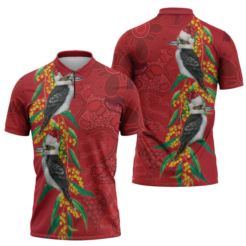 Aussie Kokaburra Golden Wattle Christmas Zipper Polo Shirt Aboriginal Dots Painting Red Motif - Aussie Hoodie
